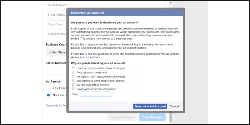 how to delete facebook ads account